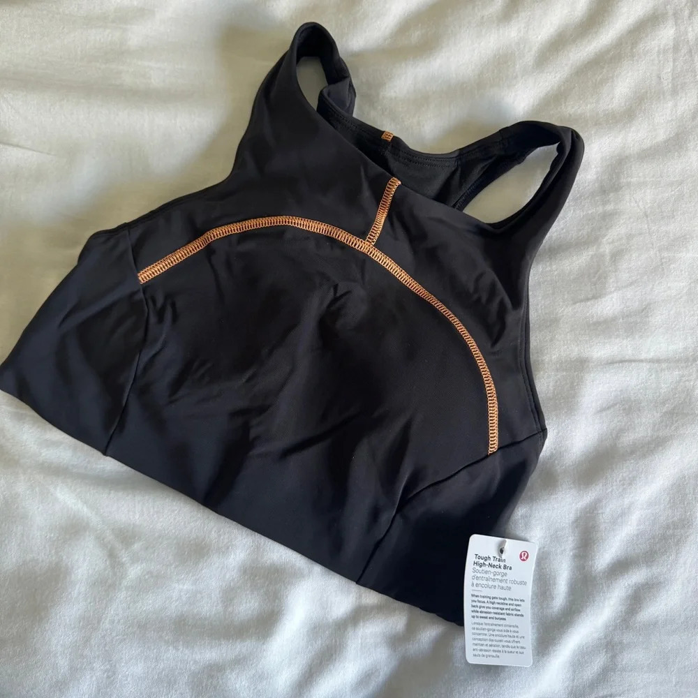 142 🆕🖤 Lululemon Tough Train High Neck Bra C/D Cup Black Orange Soda